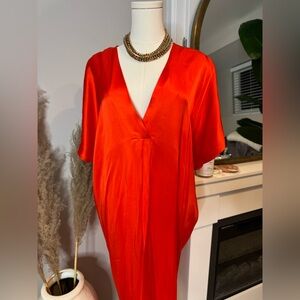 Vibrant Red Satin V-Neck Dress